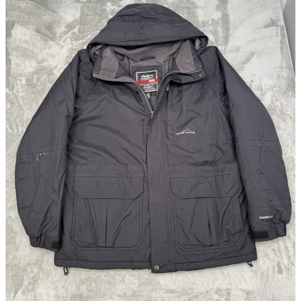 Eddie Bauer Weatheredge Parka Mens Large Black‎ Insulated Nylon Coat Jacket Hood